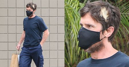 Christian Bale z blond pasemkiem na środku głowy odbiera jedzenie na wynos (ZDJĘCIA)