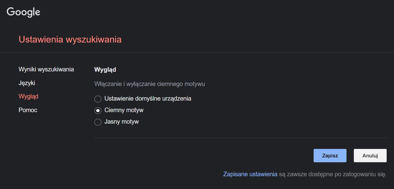 Ustawienia kolorów Google