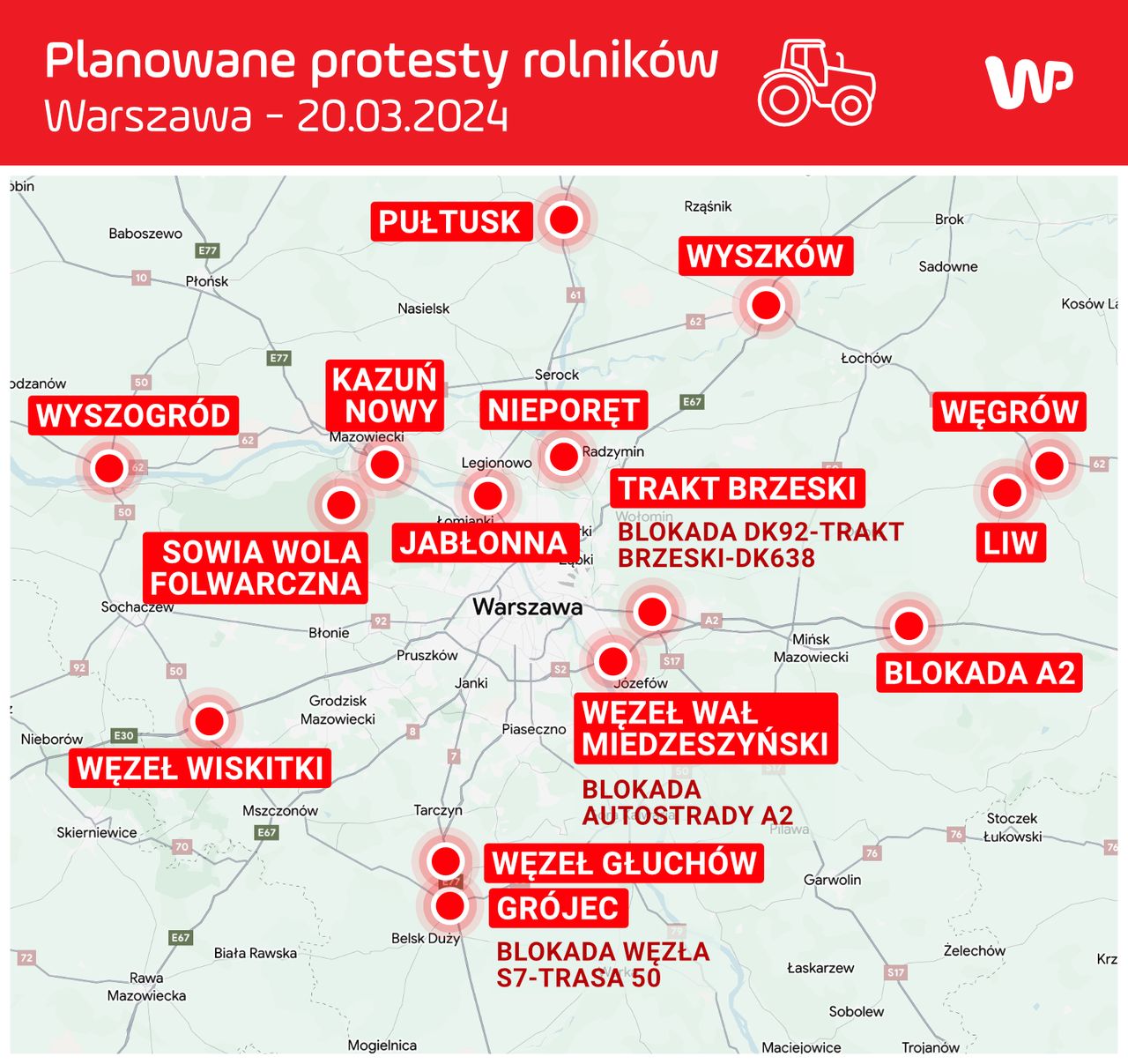 Protest rolników wokół Warszawy. Blokady zgłoszone do poniedziałku 18 marca