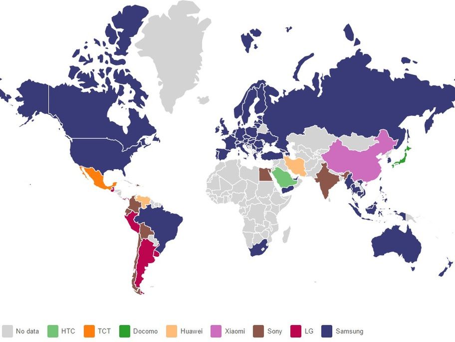 Producenci z największą liczbą różnych smartfonów z podziałem na kraje