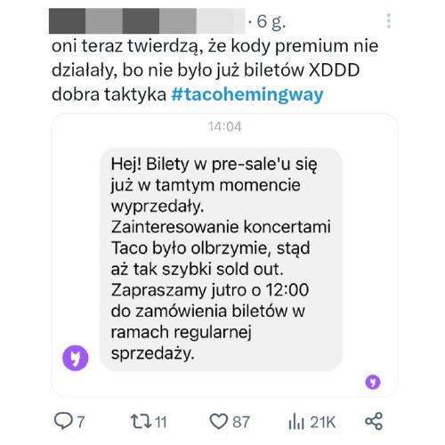 Problem z przedsprzedażą biletów na koncerty Taco Hemingway.