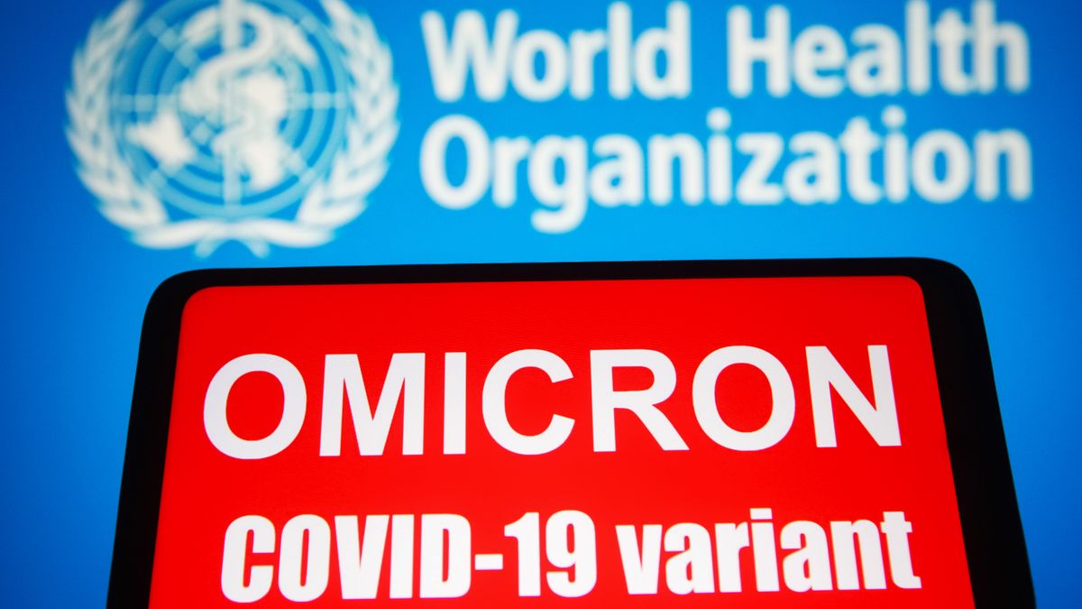 UKRAINE - 2021/11/26: In this photo illustration, words that say Omicron COVID-19 variant is seen on a mobile phone screen in front of the WHO (World Health Organization) logo in the background. (Photo Illustration by Pavlo Gonchar/SOPA Images/LightRocket via Getty Images)