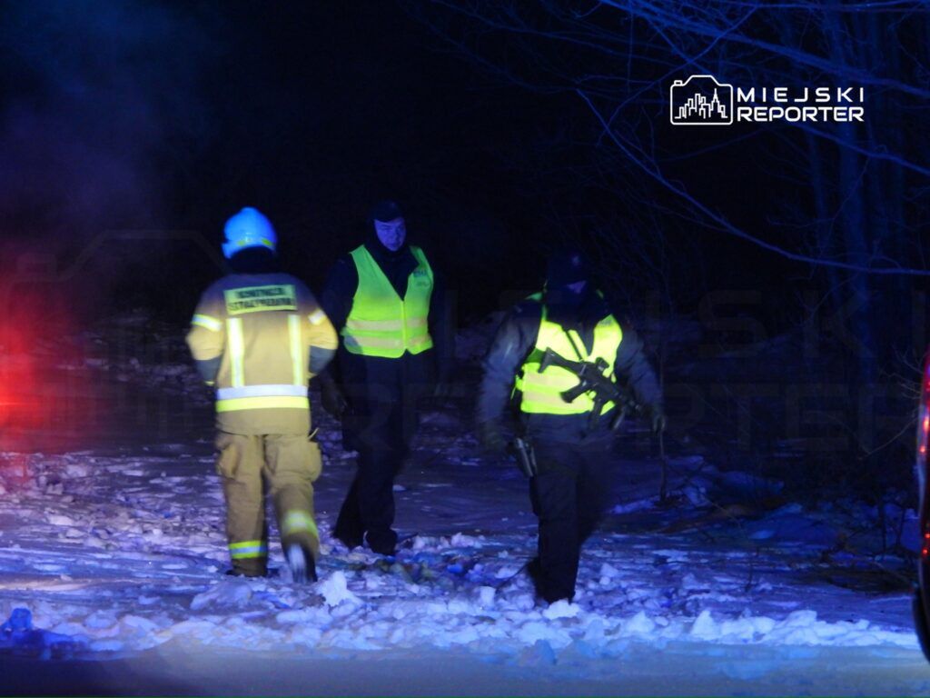 Strażacy i funkcjonariusze w odblaskowych kamizelkach przeszukują ośnieżony teren w nocy.