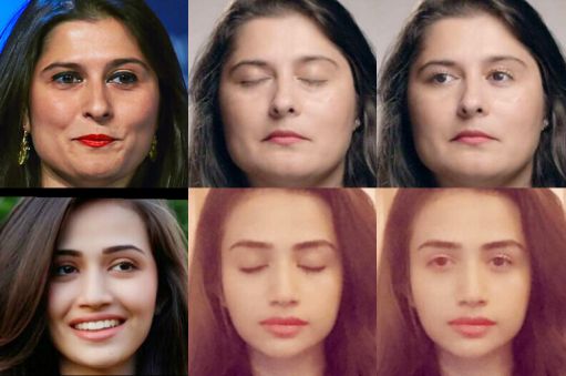 Od lewej: przykładowe zdjęcie osoby z otwartymi oczami, zdjęcie z zamkniętymi oczami, to samo zdjęcie po edycji przez sztuczną inteligencję, źródło: fragment publikacji z badaniami, Facebook.