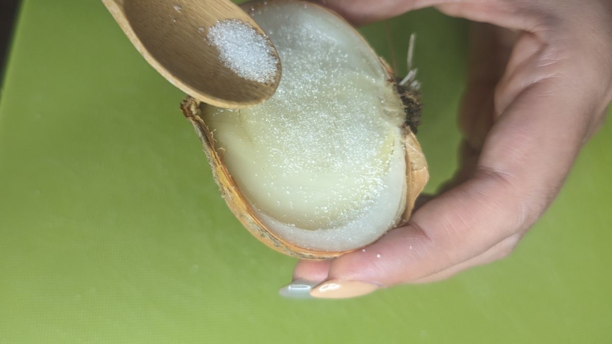 Połówka cebuli posypywana cukrem