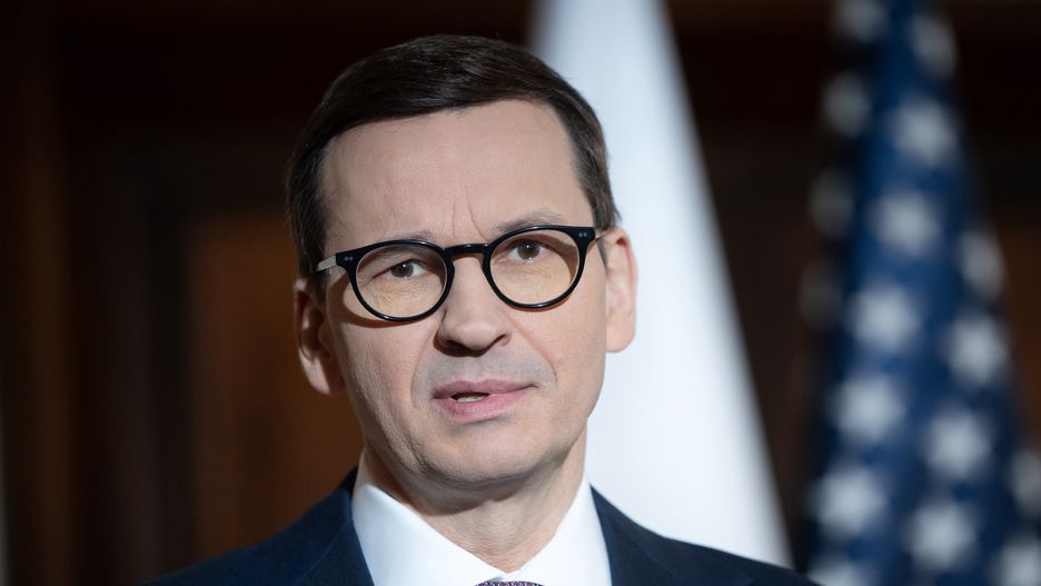 Polish Prime Minister Mateusz Morawiecki joint press conference with CEO of Alphabet and Google Sundar Pichai at the Chancellery in Warsaw, Poland on March 29, 2022 (Photo by Mateusz Wlodarczyk/NurPhoto via Getty Images)