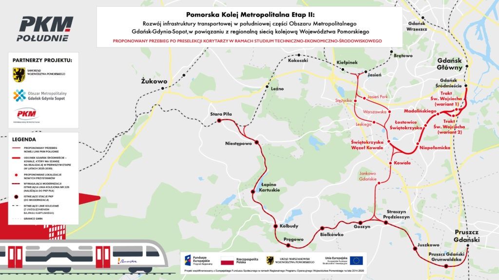 Proponowany przebieg linii zbudowanych w ramach projektu PKM Południe