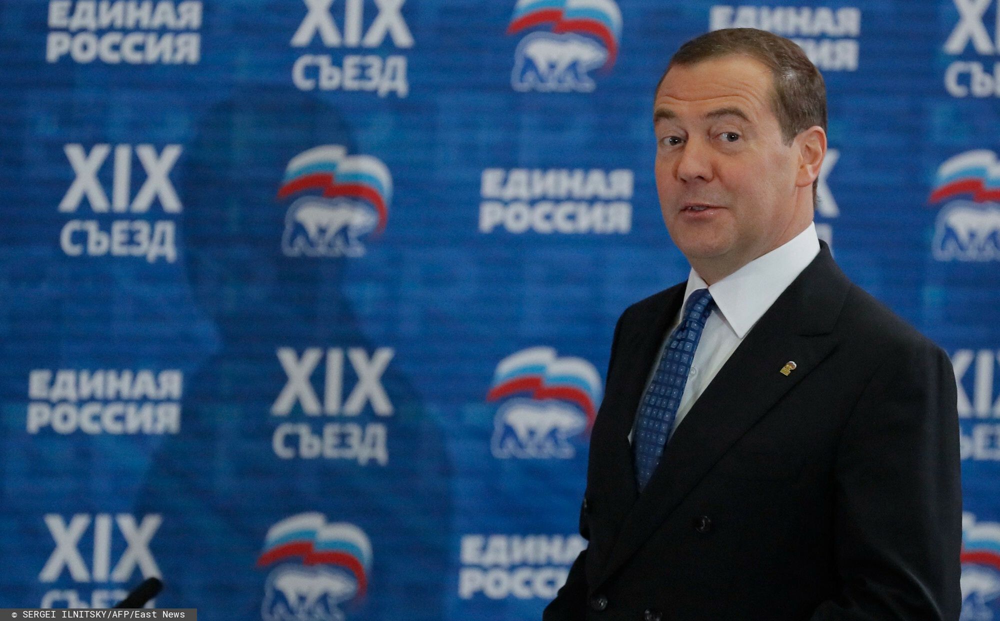 TemporaryChairman of the United Russia Party and Russian Prime Minister Dmitry Medvedev looks on as he attends the XIX "United Russia" party congress in Moscow, on November 23, 2019. - United Russia, which was established in 2001, has been a legislative powerhouse, enjoying a constitutional majority in parliament's lower house since 2007. In recent years its popularity has floundered amid mounting economic troubles and unpopular government decisions and its current rating hovers just above a record low of 32 percent. (Photo by SERGEI ILNITSKY / POOL / AFP)SERGEI ILNITSKY
