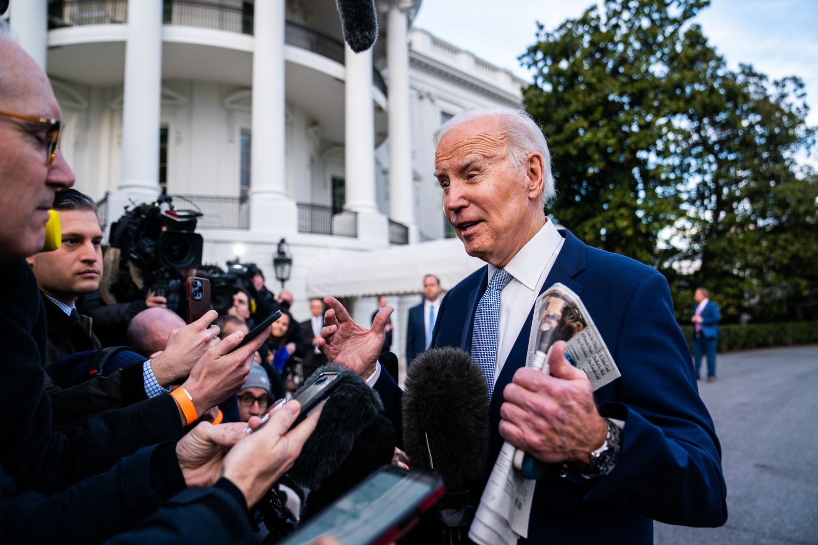 WASHINGTON, DC  February 24, 2023:

US President Joe Biden speaks with the press during his walk to Marine One on the South Lawn of the White House on Friday, February 24, 2023.
(Photo by Demetrius Freeman/The Washington Post via Getty Images)