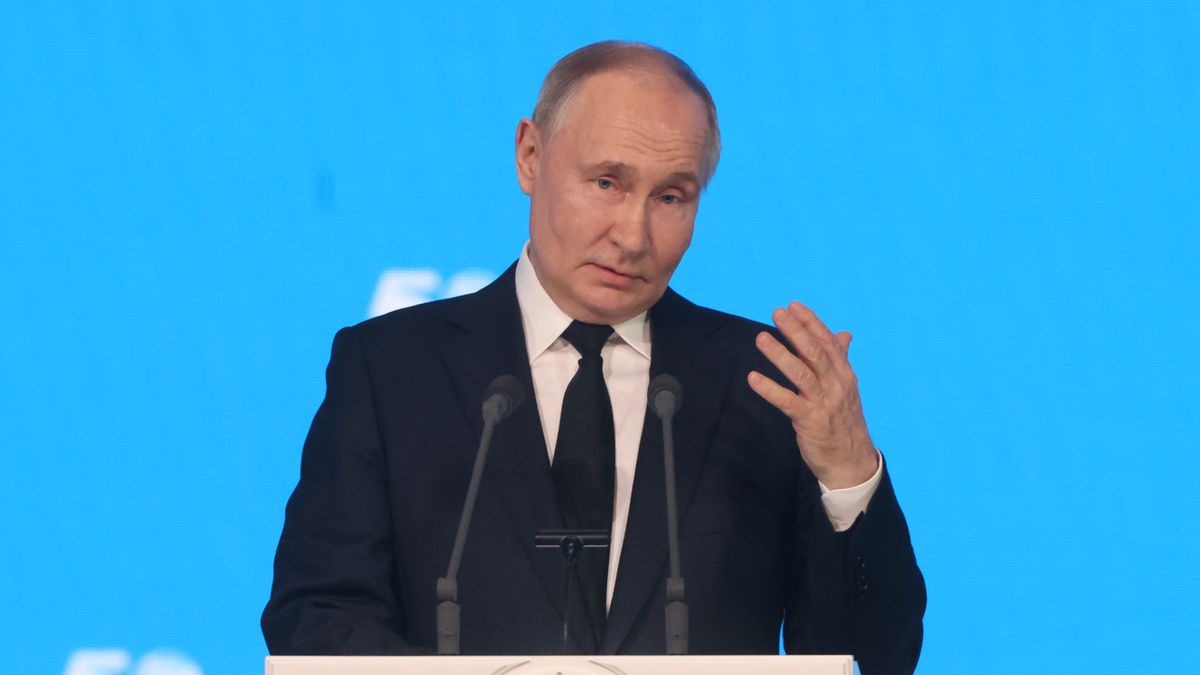 MOSCOW, RUSSIA - APRIL 23 (RUSSIA OUT) Russian President Vladimir Putin speeches during his meeting with railways employees at the State Kremlin Palace on April 23, 2024 in Moscow, Russia. Preisdent Putin congratulated veterans of Baikal-Amur Mainline railway (BAM), a major Soviet transport project in Siberia. (Photo by Contributor/Getty Images)