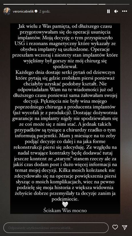 Weronika Bielik usunęła implanty piersi