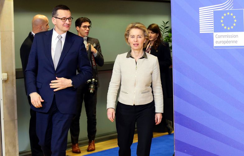 BRUSSELS, BELGIUM - FEBRUARY 06: Poland's Prime Minister Mateusz Morawiecki (L) meets European Commission President Ursula Von der Leyen (R) in Brussels, Belgium on February 06, 2020. (Photo by Dursun Aydemir/Anadolu Agency via Getty Images)
