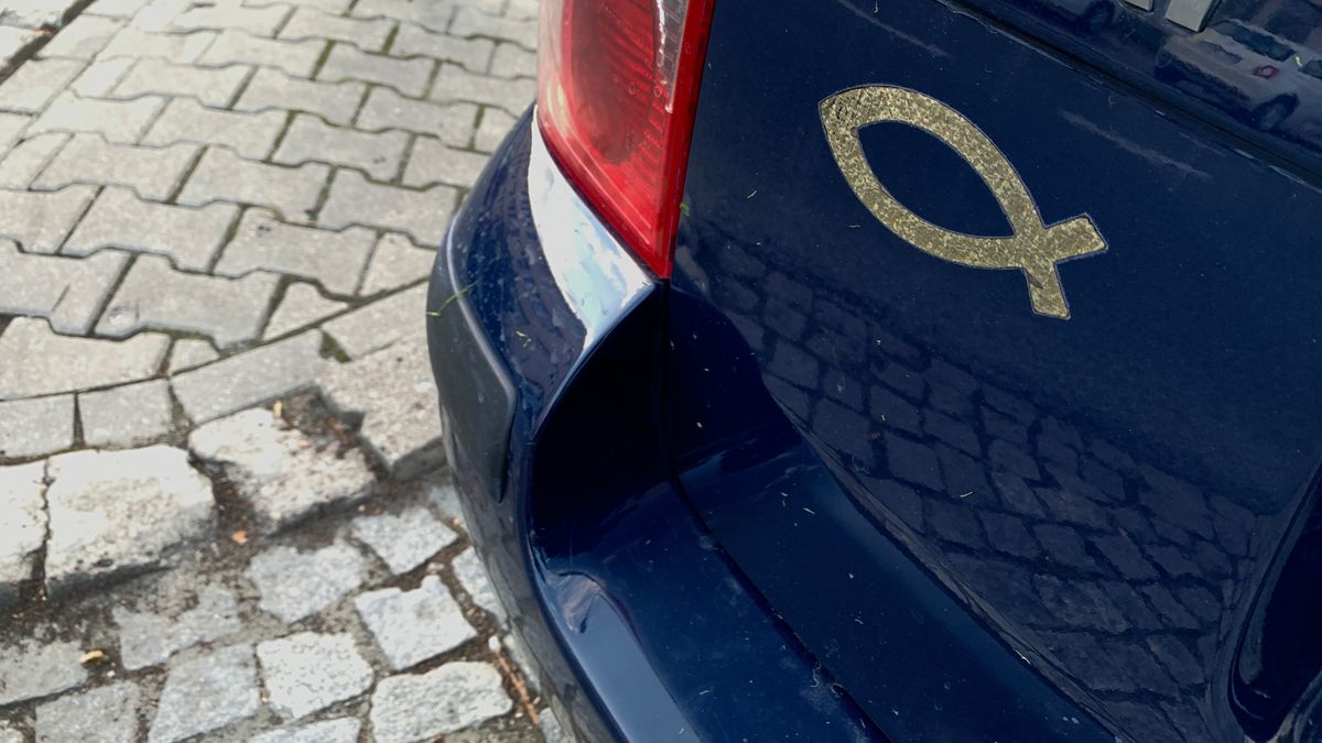 Naklejka na aucie - ryba - znaczenie, pochodzenie, nazwa, naklejona na volkswagena passata