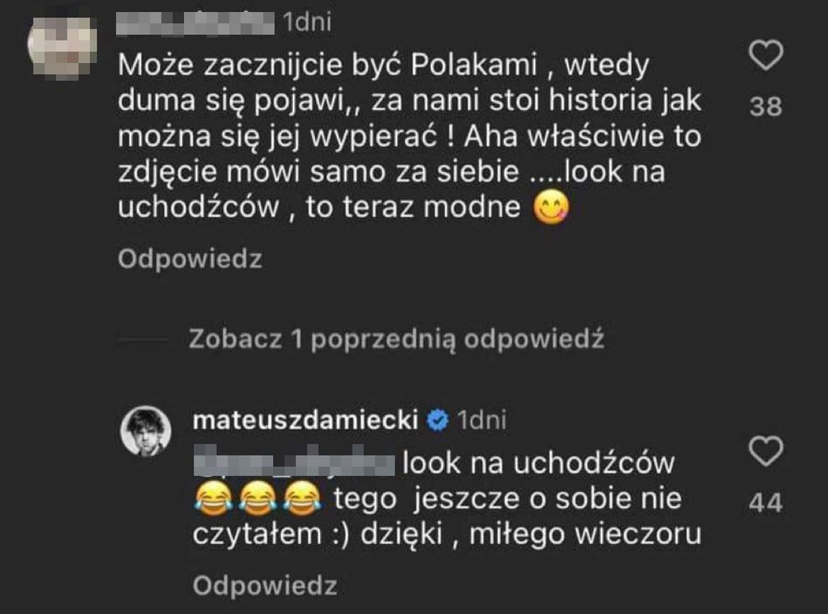 Mateusz Damięcki pisze o "bólu bycia Polakiem", a internauta kpi z jego "looku NA UCHODŹCĘ"