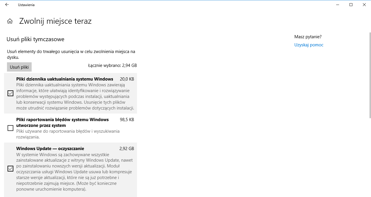 Zwolnij miejsce teraz – jedna z opcji Czujnika pamięci.