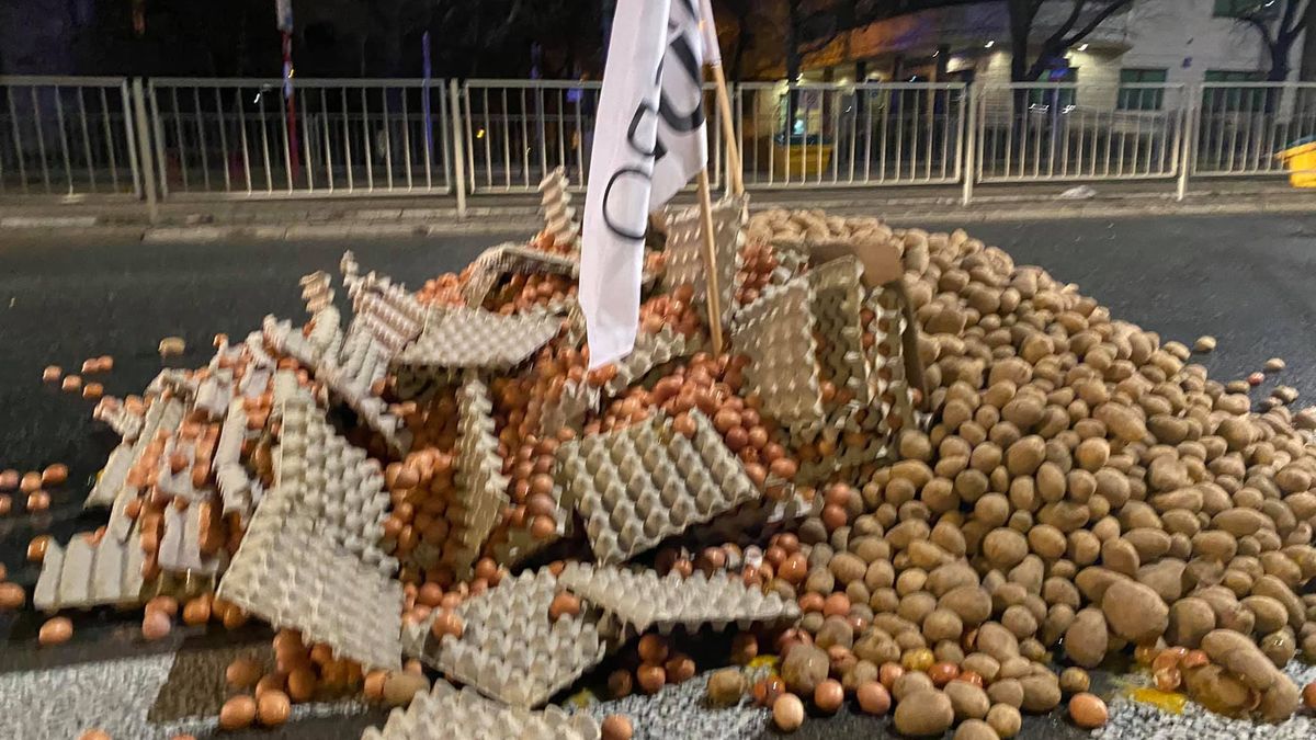 Agrounia wyrzuciła na ulice w pobliżu domu Jarosława Kaczyńskiego produkty, których rolnicy nie mogą sprzedać w skupie. 