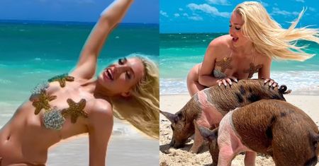 Zakryta rozgwiazdami Caroline Derpienski wygina się na Bahamach w towarzystwie świń (WIDEO)