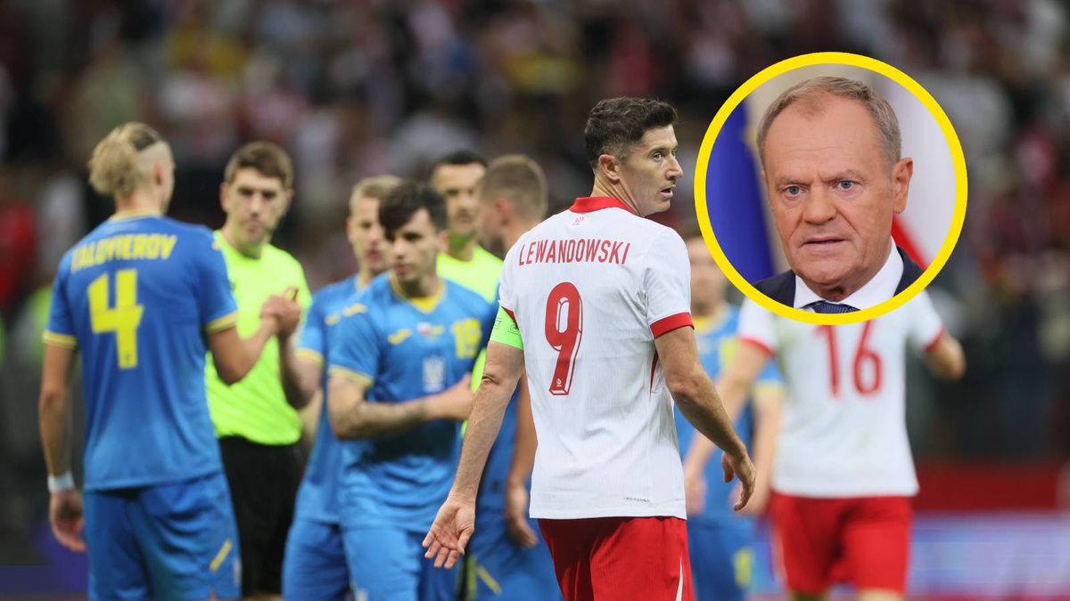 Na zdjęciu: piłkarze Polski i Ukrainy oraz Donald Tusk