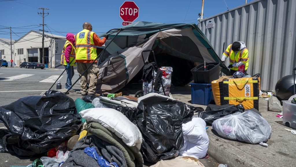 Newsom Orders Crackdown On California Homeless EncampmentsCity of San Francisco workers remove a homeless encampment in the Bayview neighborhood in San Francisco, California, US, on Thursday, Aug. 1, 2024. California Governor Gavin Newsom issued an order directing state agencies to remove homeless encampments, signaling a crackdown in the US state with the largest population of unhoused residents. Photographer: David Paul Morris/Bloomberg via Getty ImagesBloombergbest photos, north american, us, united states of america, u.s.a., american, best photo, 2024uspolitics, americas, unhoused, homeless, government news, social issue