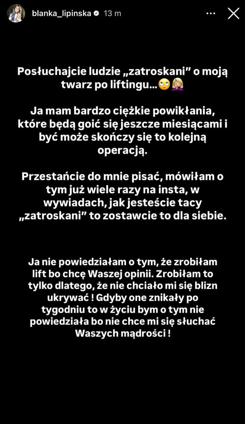 Blanka Lipińska tłumaczy się z liftingu