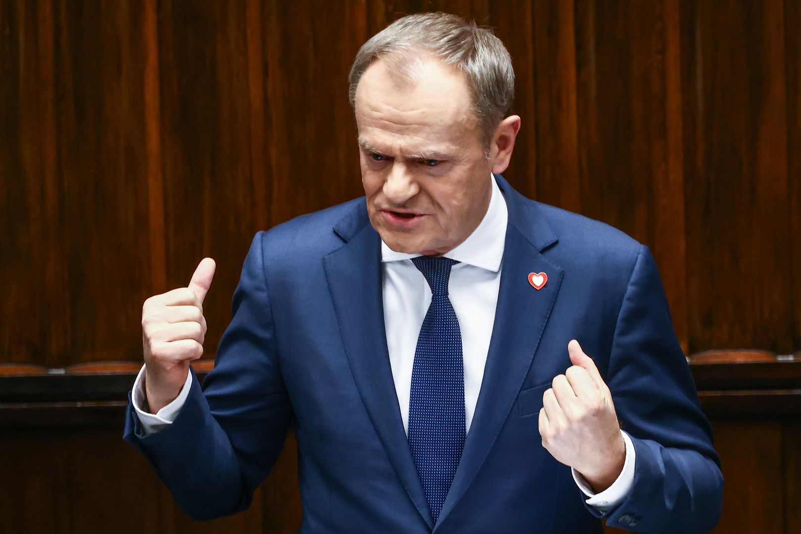Donald Tusk, the leader of Civic Coalition (KO) and newly elected Prime Minister, gives inaugural speech during the parliament session in Warsaw, Poland on December 12, 2023.  (Photo by Beata Zawrzel/NurPhoto via Getty Images)