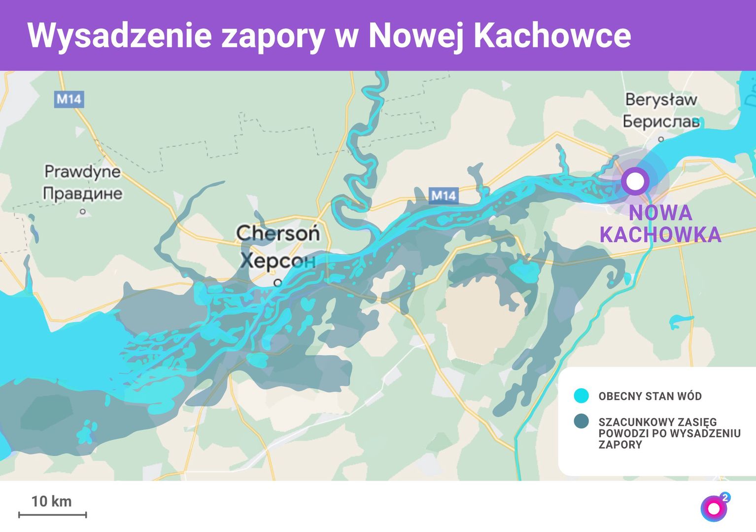 Możliwy zasięg powodzi po wysadzeniu zapory w Nowej Kachowce