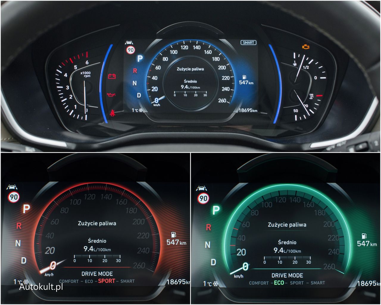 Cyfrowe wskaźniki tylko w najwyższym standardzie wyposażenia. Kolor oznacza tryb jazdy. Smart może z powodzeniem zastąpić zielony Eco i czerwony Sport.