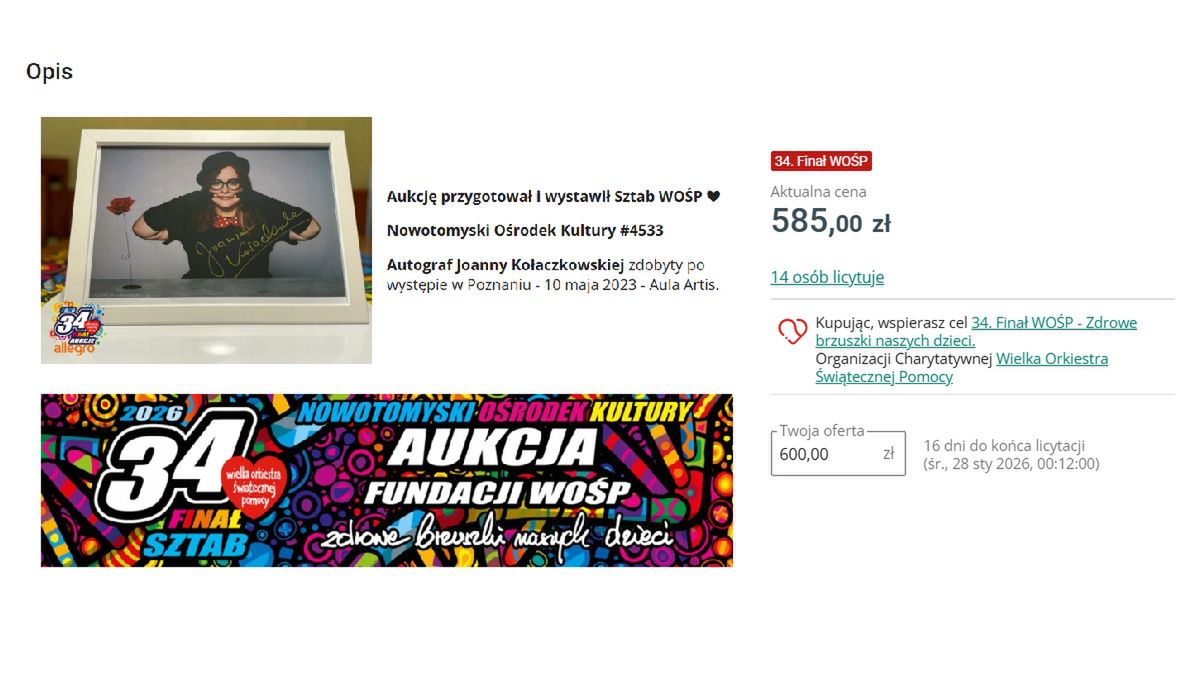 Pamiątka po Joannie Kołaczkowskiej na licytacji WOŚP 2026
