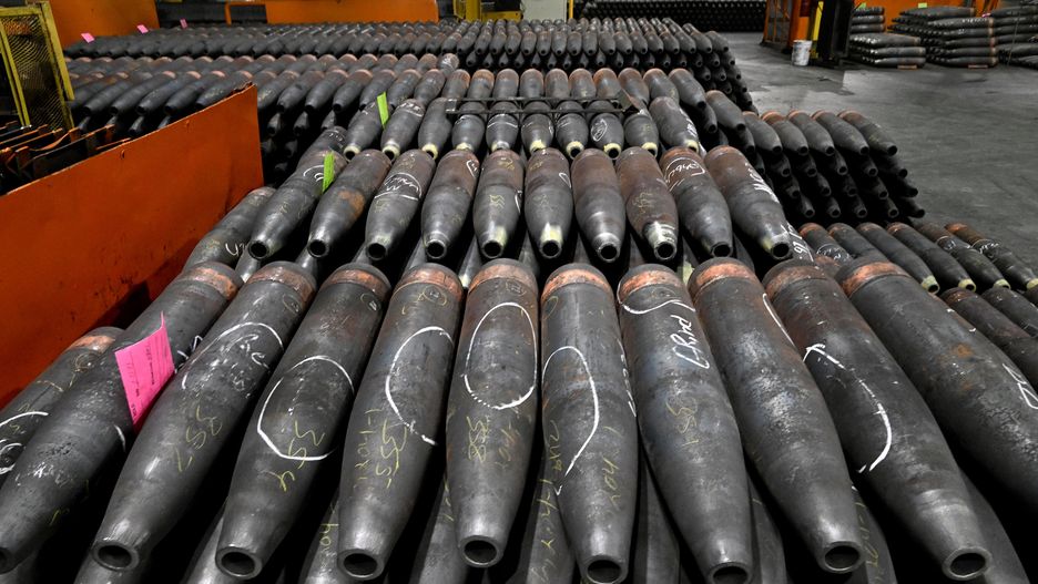 SCRANTON, PA- FEB 01: There are many rows of nearly finished shells on the factory floor in Scranton, Pennsylvania on February 01, 2023. The have yet to have the nose attached and later will be painted.
Production of 155mm shells (projectile bombs) at the Scranton Army Ammunition Plant has been steady as the U.S. commitment to the war in Ukraine ramps up. (Photo by Michael S. Williamson/The Washington Post via Getty Images)