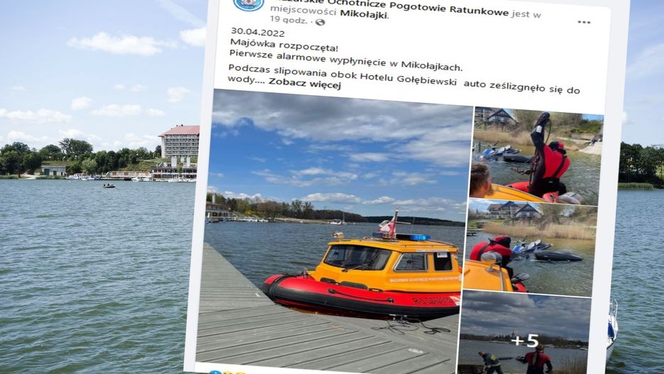 Akcja w Mikołajkach. Samochód w jeziorze