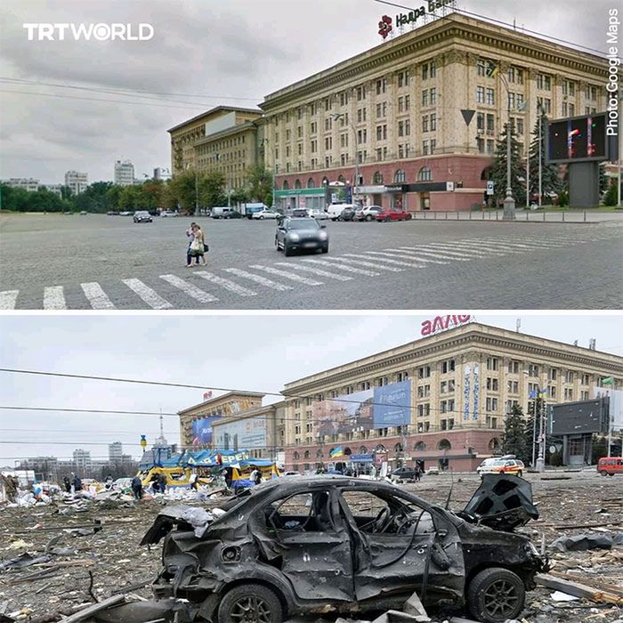 Wojna w Ukrainie: Zdjęcia miejsc przed i po rosyjskim ataku 4