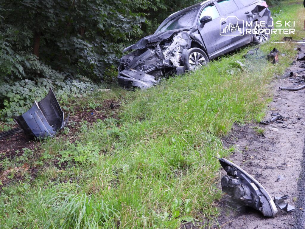 Uszkodzony samochód osobowy leży w rowie, obok zniszczone elementy karoserii i drobne odpady. W tle gęsta roślinność.