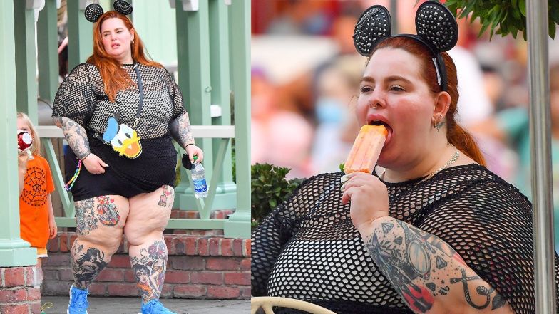 Przebrana za Myszkę Miki Tess Holliday delektuje się lodami w Disneylandzie