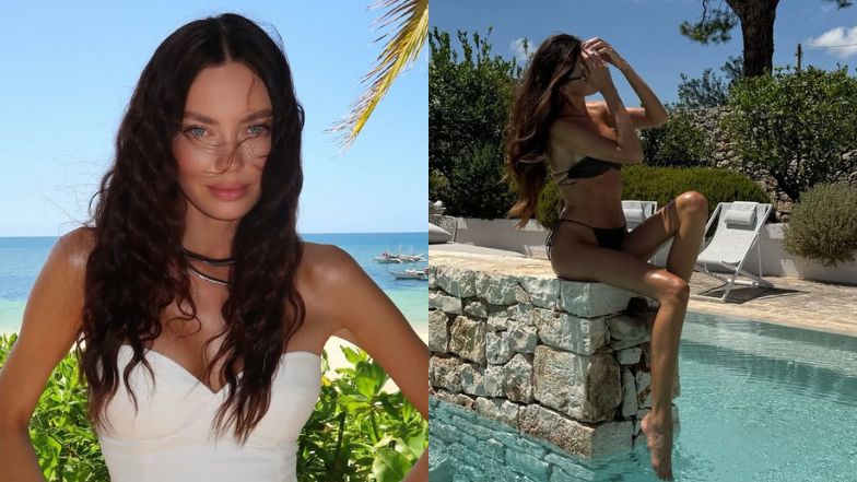 Edyta Zając wyłania się z basenu w skąpym bikini