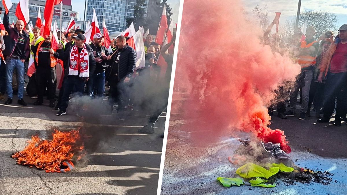 policja, ogień, rolnicy protest Incydent na proteście rolników w Warszawie. Podpalili kamizelki i odpalili race