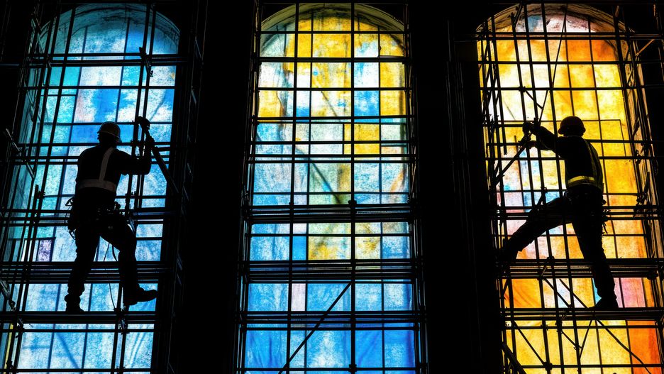 Workers on scaffolding restore stained-glass windows in a church
Your Name
stained glass, restoration, church, scaffolding, workers, windows, repair, maintenance, historic, religious, glass, construction, building, art, heritage, silhouette, detail, detail shot, interior, architecture, renovation, closeup, professional, skilled, safety, construction worker, security, protection, safety equipment, glass repair, medieval, gothic, catholic, christian, faith, faithfulness, modern, contemporary, perspective, artistic, craftsmanship, illumination, color, light, stained glass, restoration, church, scaffolding, workers, windows, repair, maintenance, historic, religious, glass, construction, building, art, heritage, silhouette, detail, detail shot, interior, architecture, renovation, closeup, professional, skilled, safety, construction worker, security, protection, safety equipment, glass repair, medieval, gothic, catholic, christian, faith, faithfulness, modern, contemporary, perspective, artistic, craftsmanship, illumination, color, light