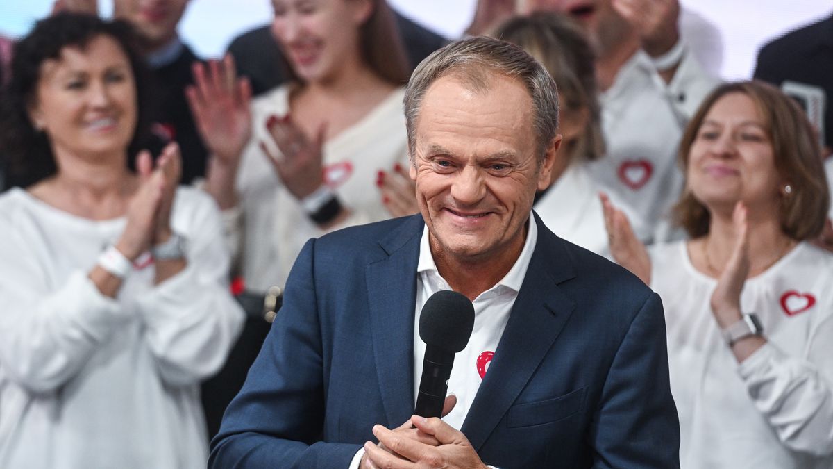 Poland Holds Parliamentary ElectionsWARSAW, POLAND - OCTOBER 15: The leader of Civic Coalition (KO), Donald Tusk celebrates the exit poll results during Poland's Parliamentary elections on October 15, 2023 in Warsaw, Poland. People voted to decide whether the ruling national conservative Law and Justice party (PiS), led by Jaroslaw Kaczynski, will govern for a third consecutive term, or whether a coalition of center-left, pro-European parties will be given the opportunity to form a government. Also on the ballot is a referendum introduced by the current government over EU migration reform. (Photo by Omar Marques/Getty Images)Omar Marques