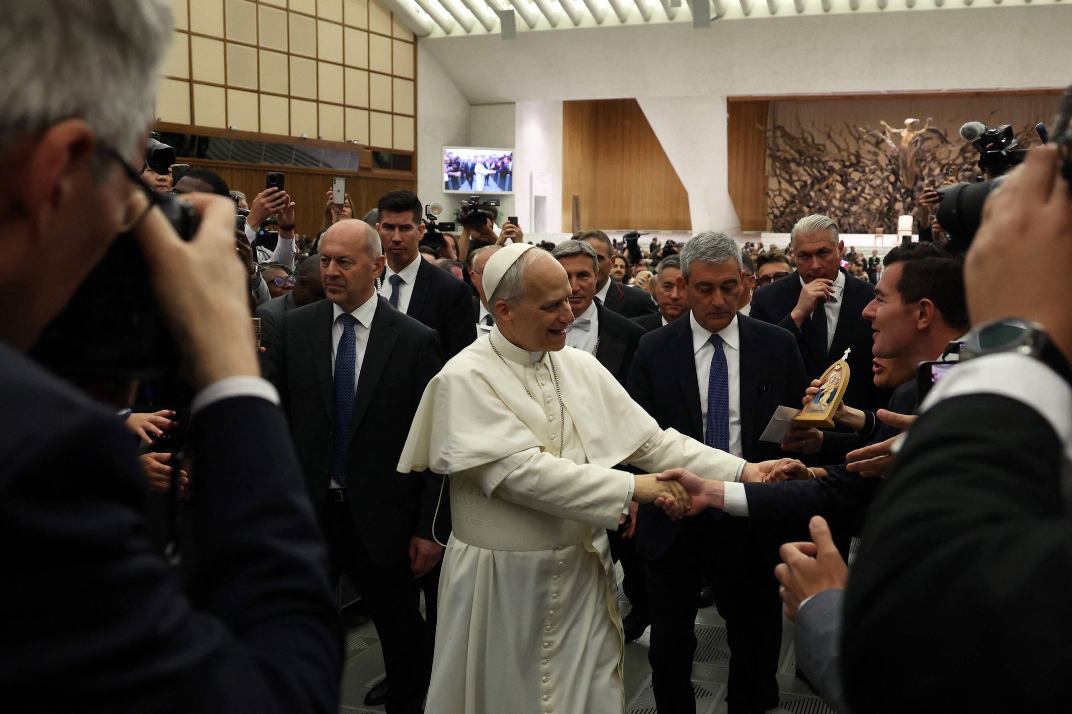 Pope Leo XIV Meets Representatives of The Media - Vatican
The Holy Father Pope Leo XIV meets in audience with representatives of the media in the Paul VI Hall, Vatican on May 12, 2025. Photo by Marco Iacobucci/IPA/ABACAPRESS.COM 
Dostawca: PAP/Abaca
Iacobucci Marco/IPA/ABACA
Leon XIV (Pape), Pape Leon XIV, Pope Leo XIV, Prevost Robert Francis, Robert Francis Prevost