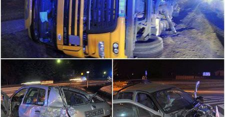 Wypadek na trasie Lublin – Kraśnik. TIR wylądował w rowie po zderzeniu z osobówką