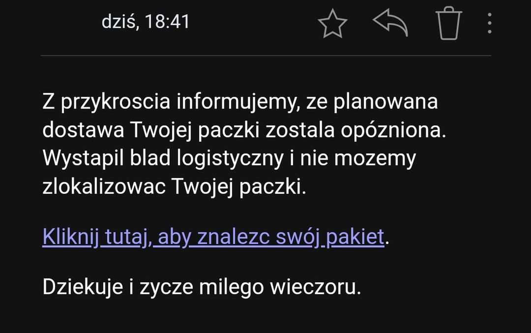 Fałszywa wiadomość e-mail o paczce