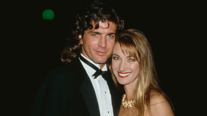 Jane Seymour poses with Joe Lando at a party. This is what the main actors in "Dr. Quinn" look like.
