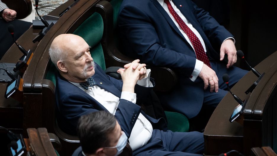 Janusz Korwin-Mikke during the 50th session of the Sejm (lower house of Polish Parliament) in Warsaw, Poland on March 8, 2022 (Photo by Mateusz Wlodarczyk/NurPhoto via Getty Images)