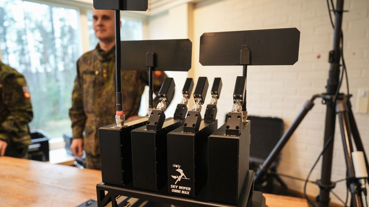 Drone jamming equipment on display during a demonstration of First-Person View (FPV) drone training and anti-drone capabilities by the Finnish Army's Pori Brigade in Niinisalo, Finland, on Tuesday, Dec. 9, 2025. Finland's government plans to raise the country's defense spending to 3% of economic output by 2029 to address the risks from a more aggressive Russia, Prime Minister Petteri Orpo said. Photographer: Alessandro Rampazzo/Bloomberg via Getty Images