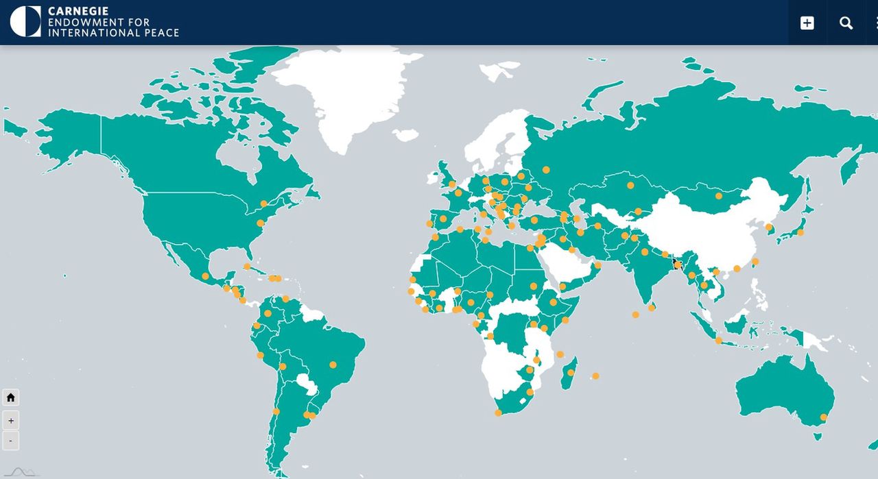 Kraje, w których odbywały się i odbywają masowe protesty na tle polityczny, gospodarczym, epidemicznym. Lata 2017-2019. Źródło: Carnegie Endowment for International Peace.