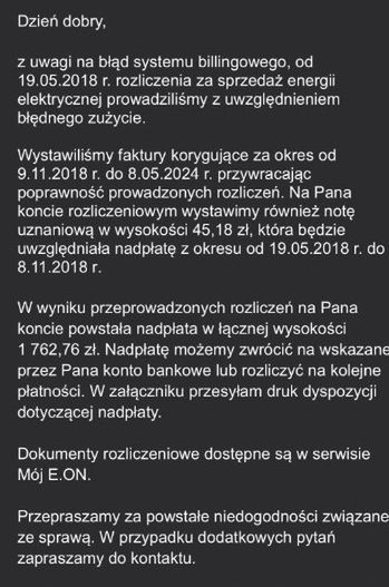 Korekta rozliczeń za energię elektryczną wysłana do naszego czytelnika