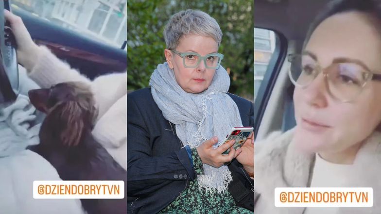 Małgorzata Ohme kaja się po prowadzeniu z telefonem w ręku i psem na kolanach. Karolina Korwin Piotrowska komentuje