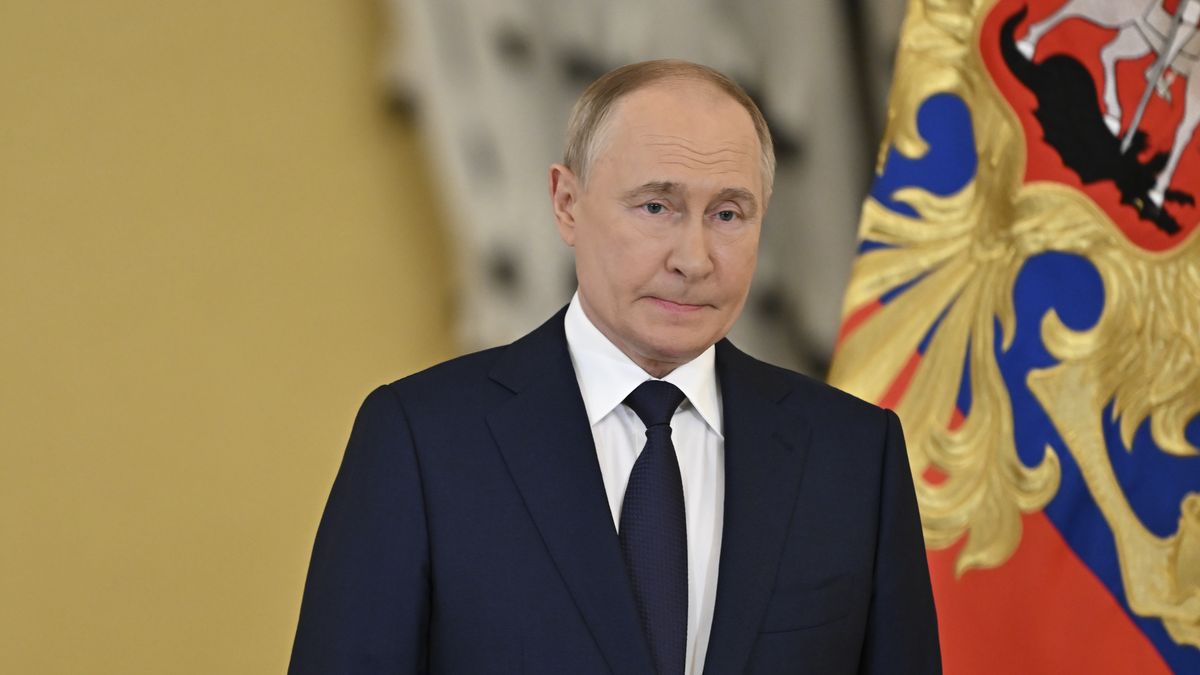 MOSCOW, RUSSIA - JULY 09: Russian President Vladimir Putin speaks during the award ceremony as he awards the Order of St. Andrew to Indian Prime Minister Narendra Modi (not seen) for his contributions to the relations between the two countries in Moscow, Russia on July 09, 2024. Delegations from both nations attended the award ceremony in the capital on Tuesday, July 9. The Order of St. Andrew was the highest honor of the Russian Empire, awarded to the Imperial Family, ambassadors, and servants of the state. (Photo by Sefa Karacan/Anadolu via Getty Images)