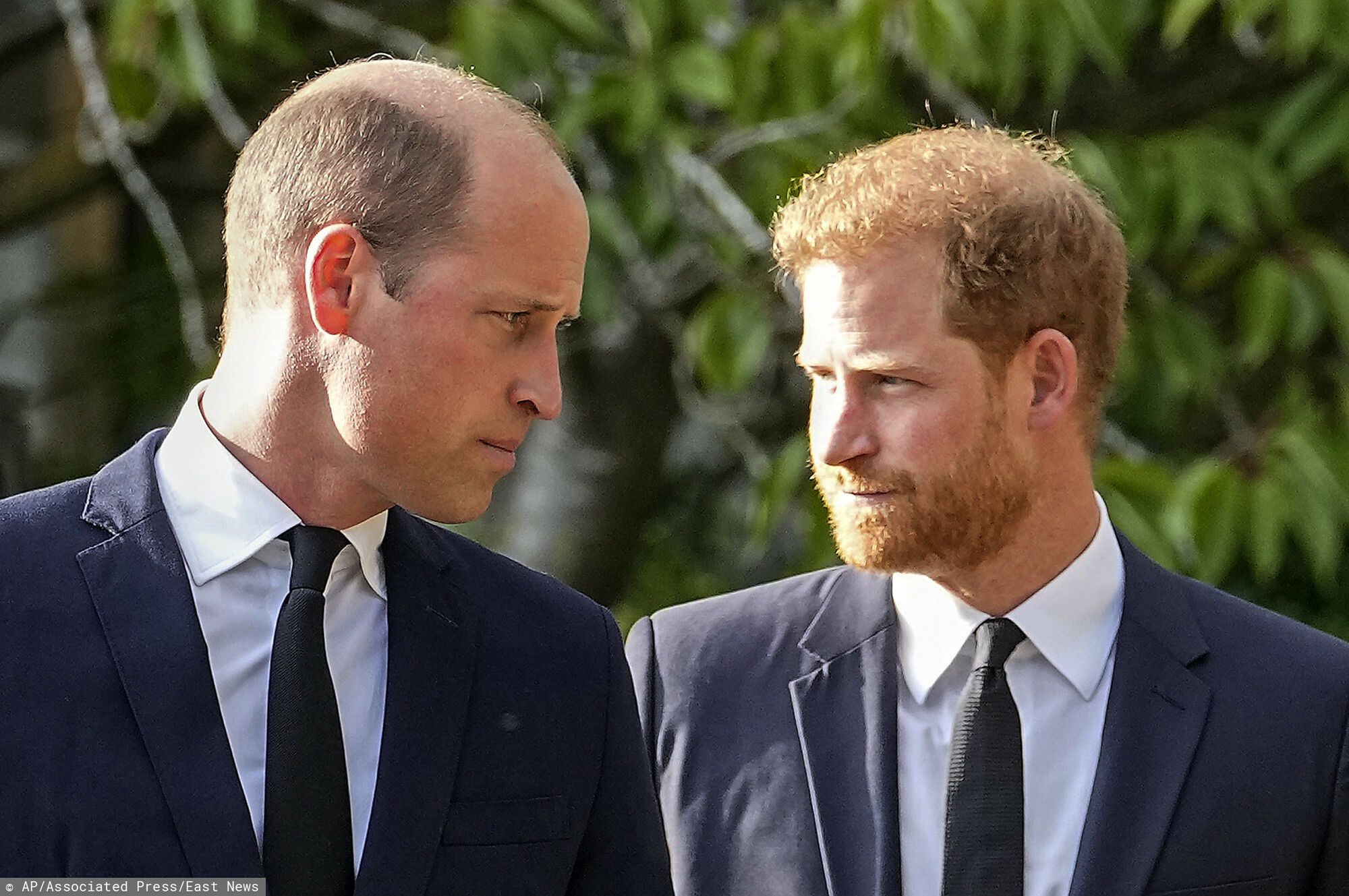 Ksi???ta William i Harry z ?onami pod zamkiem WindsorBritain's Prince William and Britain's Prince Harry walk beside each other after viewing the floral tributes for the late Queen Elizabeth II outside Windsor Castle, in Windsor, England, Saturday, Sept. 10, 2022. (AP Photo/Martin Meissner)AP