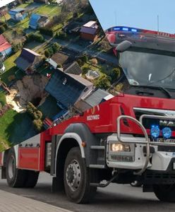 Głębokie zapadlisko przy ogródkach działkowych. Dół ma kilka metrów