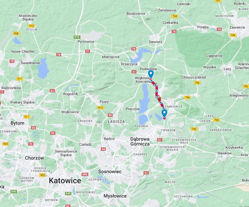 Odcinek S1 Podwarpie - Dąbrowa Górnicza naniesiony na Google Maps